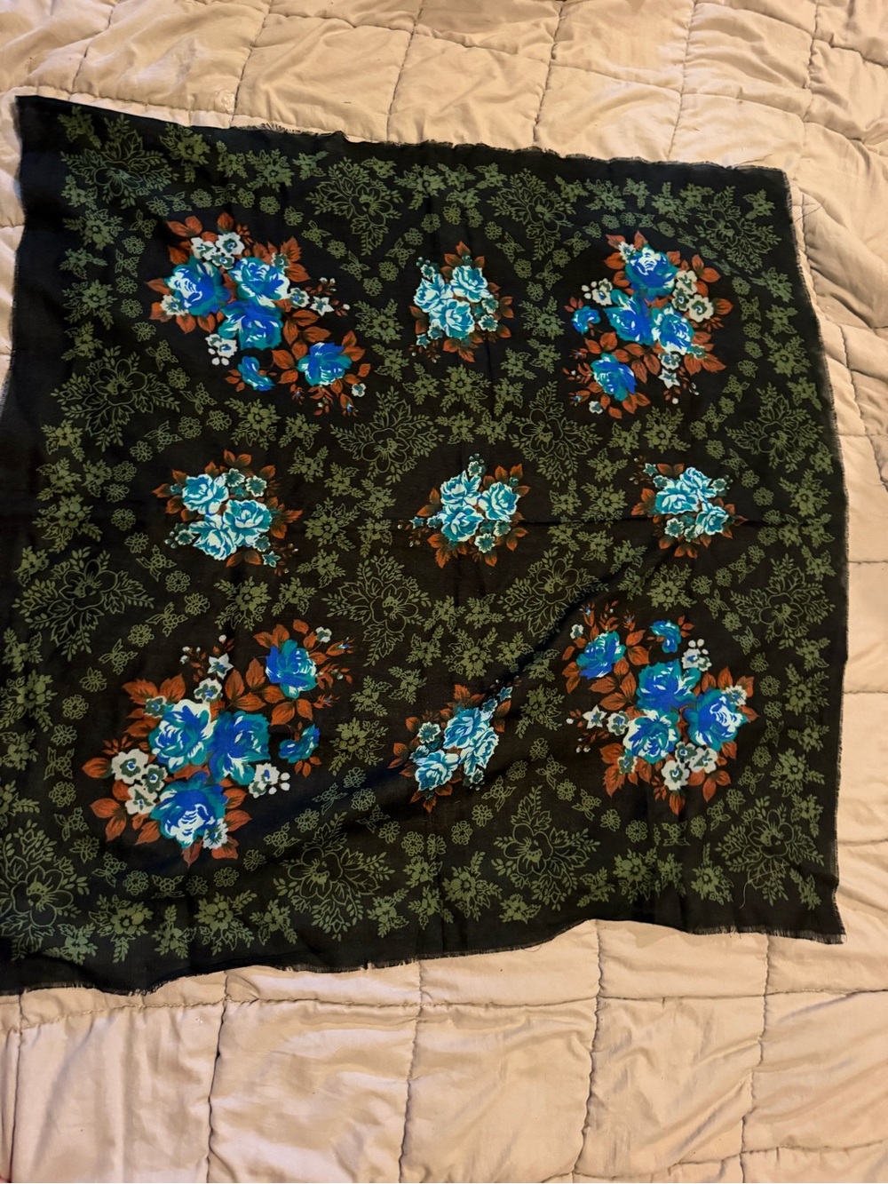 Black Floral Scarf with Blue Rose Clusters